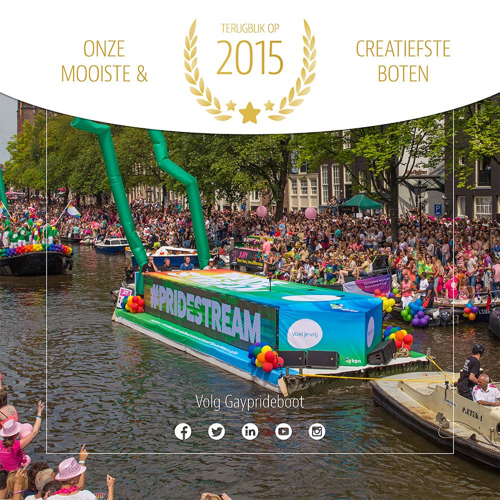 GaypridebootNL's tweet photo. Gayprideboot bestaat dit jaar 10 jaar🎈 We delen onze mooiste &amp; creatiefste boten met jullie. Dit keer een terugblik op 2015👀 "Voel je vrij" In opdracht van @KPN #terugblik #throwback #pridestream #kpn #gayprideboot #buildingtolerance #10years #10yearsgpb #birthday #amsterdam https://t.co/cRQ8yAtK1F
