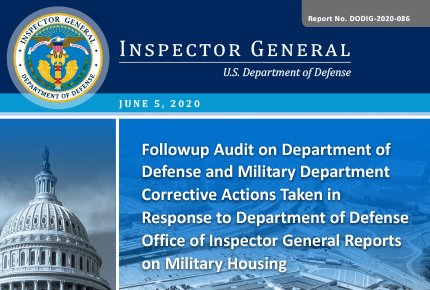 DoW_IG's tweet photo. DoD OIG’s Followup Audit on Department of Defense and Military Department Corrective Actions Taken in Response to Department of Defense Office of Inspector General Reports on Military Housing  (report) available here: https://t.co/6Xt5TGklQh https://t.co/tQek0BlzXu