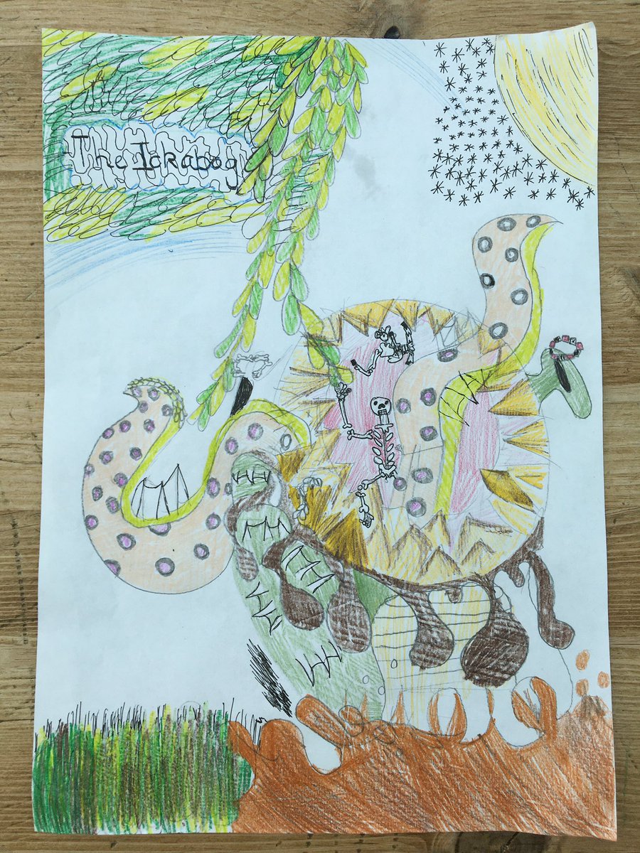 florentine_in's tweet photo. I’ve had so much fun drawing the Ickabog for Mr Woodrow! My Ickabog has rubbery tentacles and a mouth like the Kraken with revolting fishy breath and rotten teeth. It’s blind and can’t smell so it relies on its hearing. Can you spot its earring? @StGregoryCEVCP @jk_rowling 👍🏻 https://t.co/iYgw0bB9v2