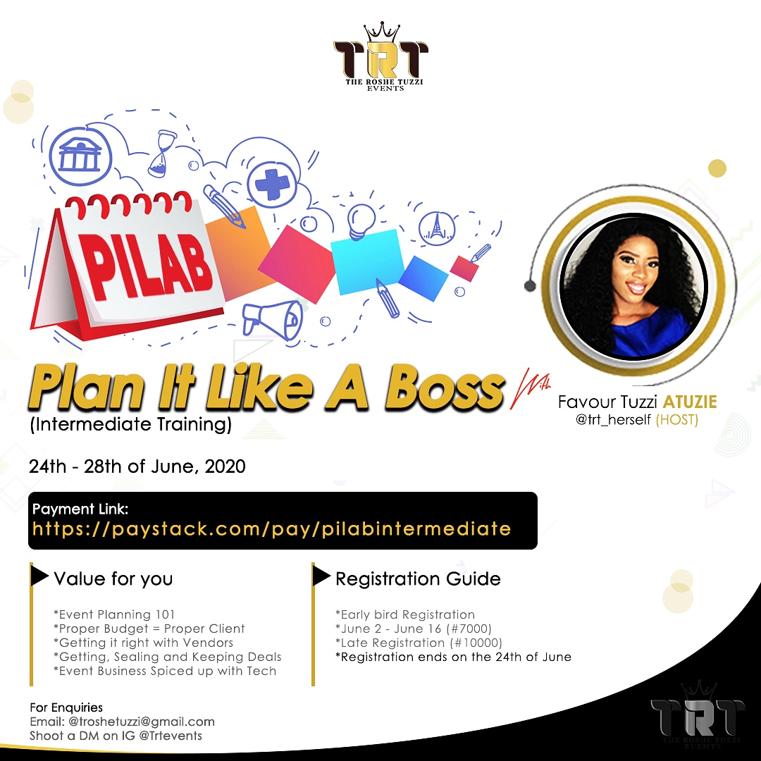TRTevents's tweet photo. From 24th to 28th June 2020 get ready to learn how to plan it like a Boss.
Take advantage of the early bird discount. https://t.co/Z4Lz3RXr0d