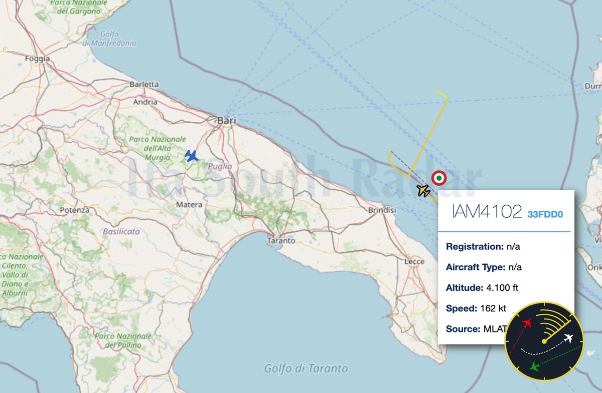 ItaSouthRadar's tweet photo. In corso una doppia missione di pattugliamento del Canale d'Otranto. In volo l'#ATR72MP #MM62298 dell'Aeronautica Militare Italiana come #IAM4102 e il Diamond DA42 G-WKTI in volo come #WKT58 della DEA Ltd., concessionaria #Frontex.
https://t.co/YSUcRzf7Pf https://t.co/IJEASQFcLK