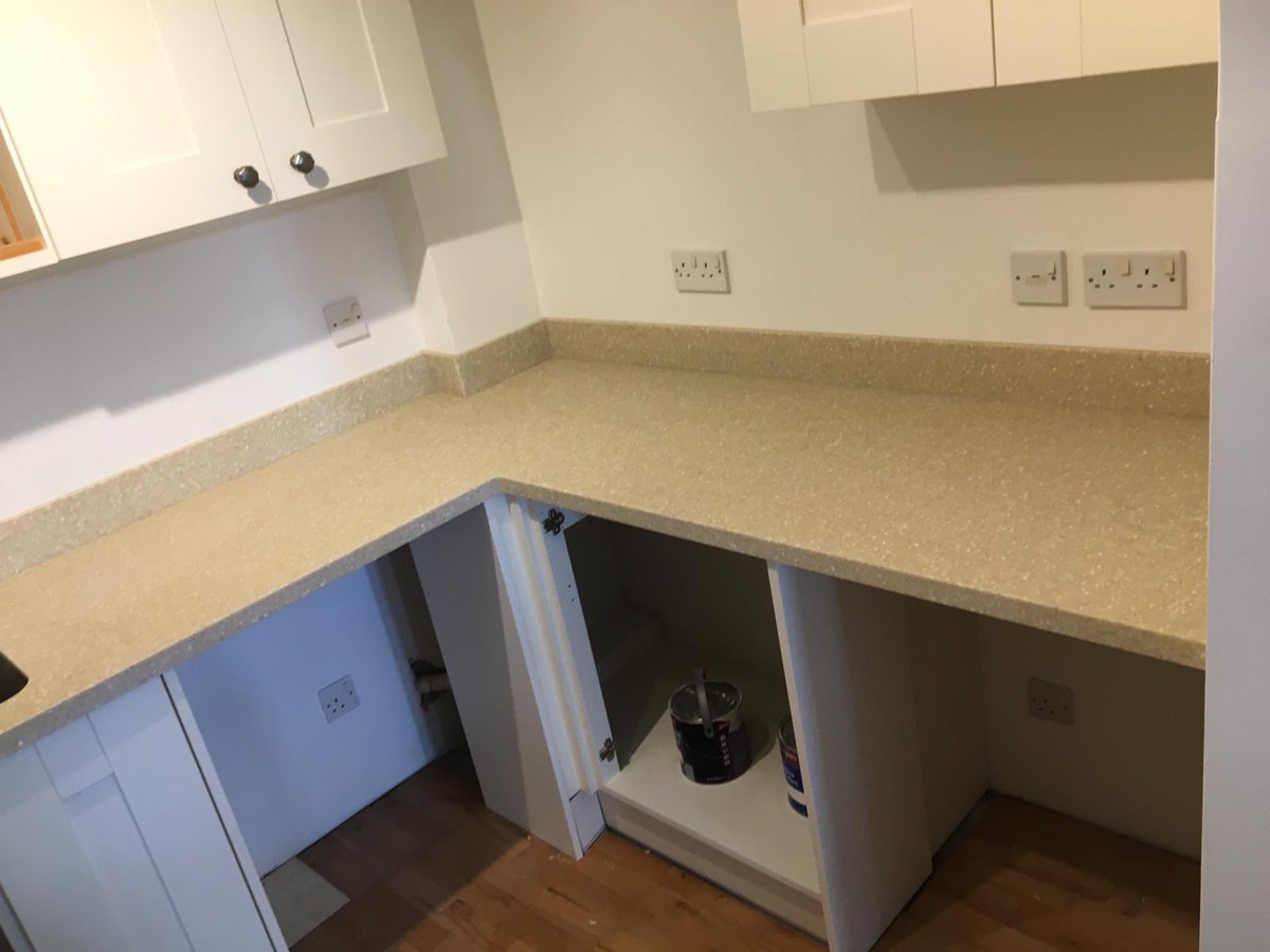 Today’s #worktop #installation:
✏️BRAND: #Staron 
✏️COLOUR: Pebble Gold 

WHY #SOLIDSURFACE:
✔️seamless ~ no unsightly joins!
✔️non-porous ~ no water absorbed!
✔️hygienic ~ no bacteria absorbed!
✔️repairable if scratched/damaged!
✔️allows for curved designs 
#kitchendesign