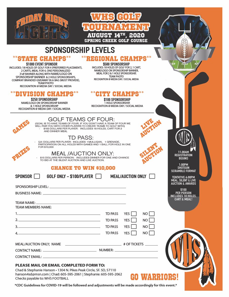 nation_fb's tweet photo. Warrior Nation it is time to sign up for our annual Friday night lights golf event to be held on August 14, 2020 at Spring Creek Golf Course. Get signed up today!!! https://t.co/reSxtpFJ0r