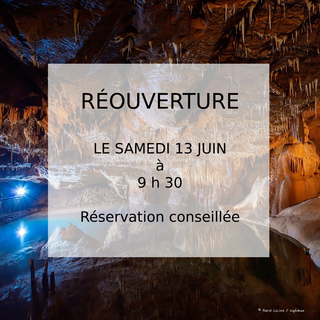 grottesdelacave's tweet photo. C'est avec grand plaisir que nous annonçons la réouverture des grottes le Samedi 13 Juin à 9 h 30. 

Tout a été mis en œuvre pour vous accueillir dans des conditions optimales.  

⚠️ Port du masque obligatoire à partir de 11 ans. 

📍 Résa conseillée sur notre site. https://t.co/EHa4etm8YZ