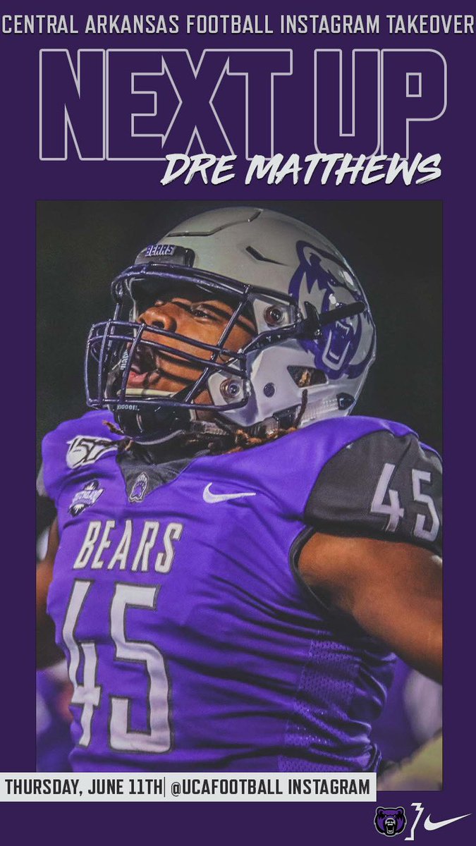 UCA_Football's tweet photo. 🚨 THURSDAY 🚨

The UCA Football Instagram Account (IG/UCAFootball) is headed down to the 🌴 Sunshine State ☀️ with LB Dre Matthews and TE Austin Eldridge!

You won’t want to miss it! 

#BearClawsUp #FearTheStripes https://t.co/Mfy2JHYSxQ