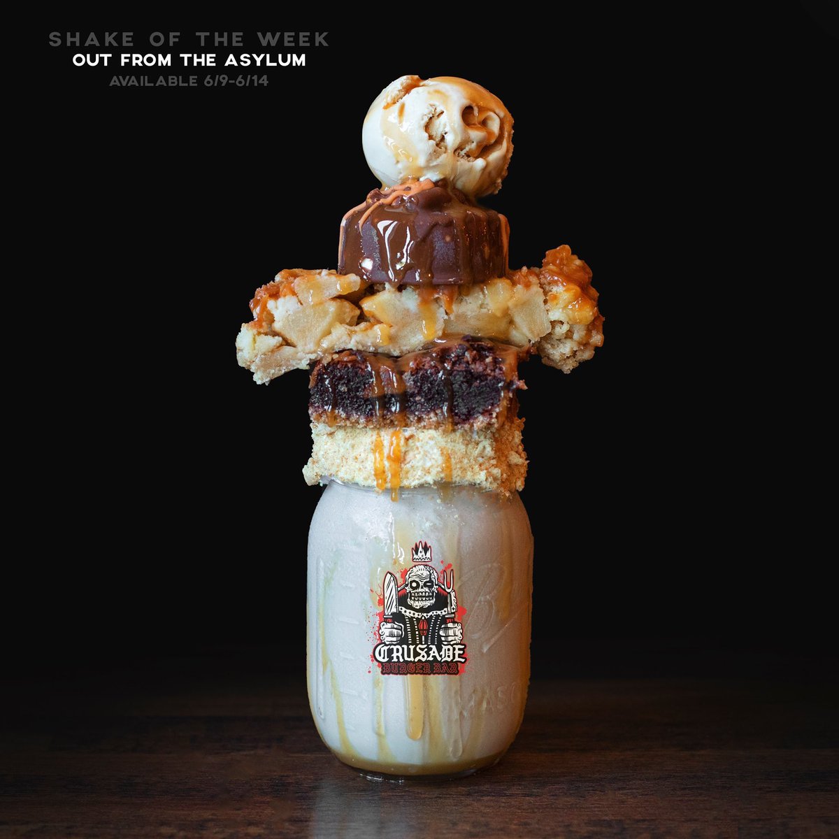 Crusadeburger's tweet photo. Shake of the Week
Out from the Asylum | A salted caramel shake topped with salted caramel pretzel brownie, caramel apple fritter, caramel pretzel icecream, and salted caramel icecream.
---
Only available 6/9-6/14. https://t.co/7WcP2oZOoR