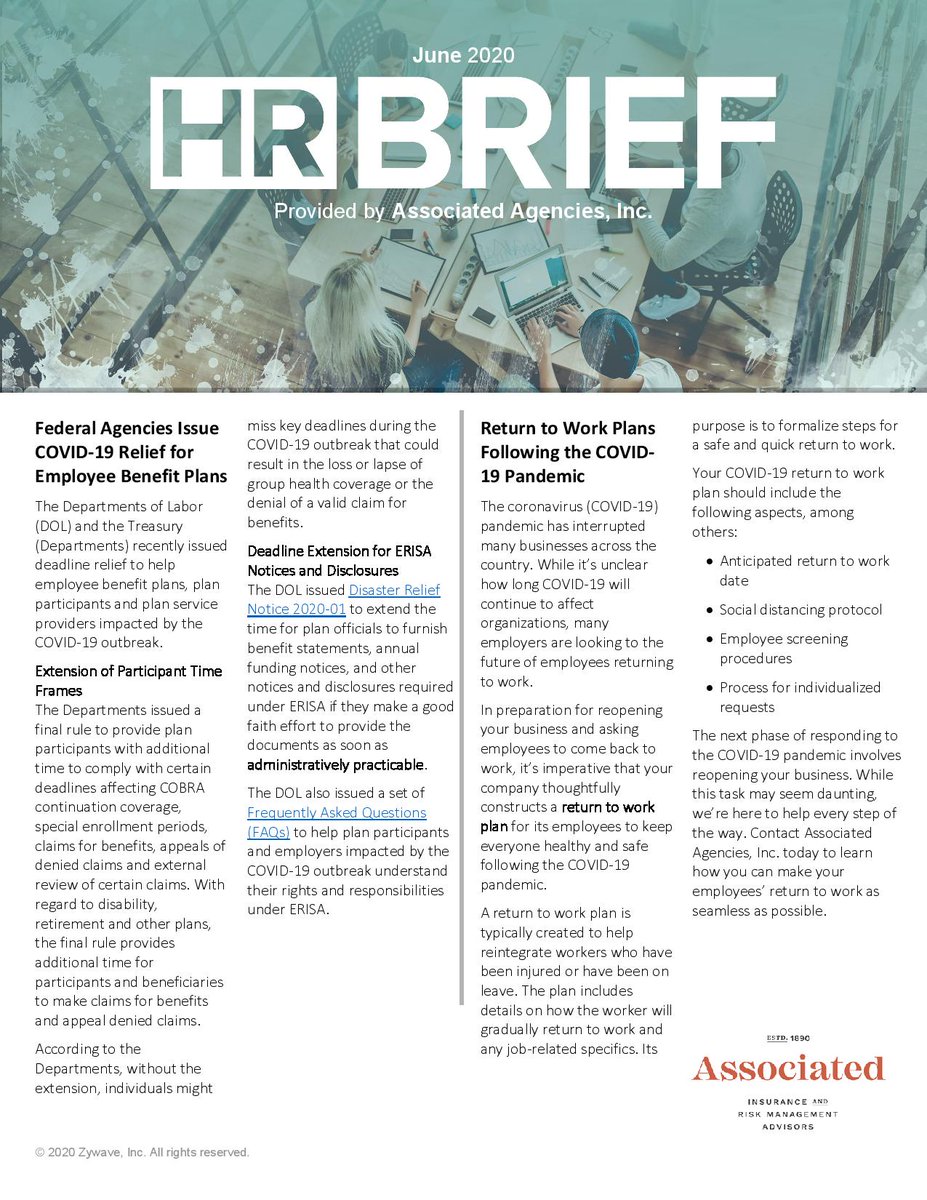 Associated's June HR briefing: Updates on the DOL's deadline extension for employee benefit plans and strategies for returning to work post-COVID. Sign up for new content every week at assocagencies.com.

#DOL #EmployeeBenefits #Insurance