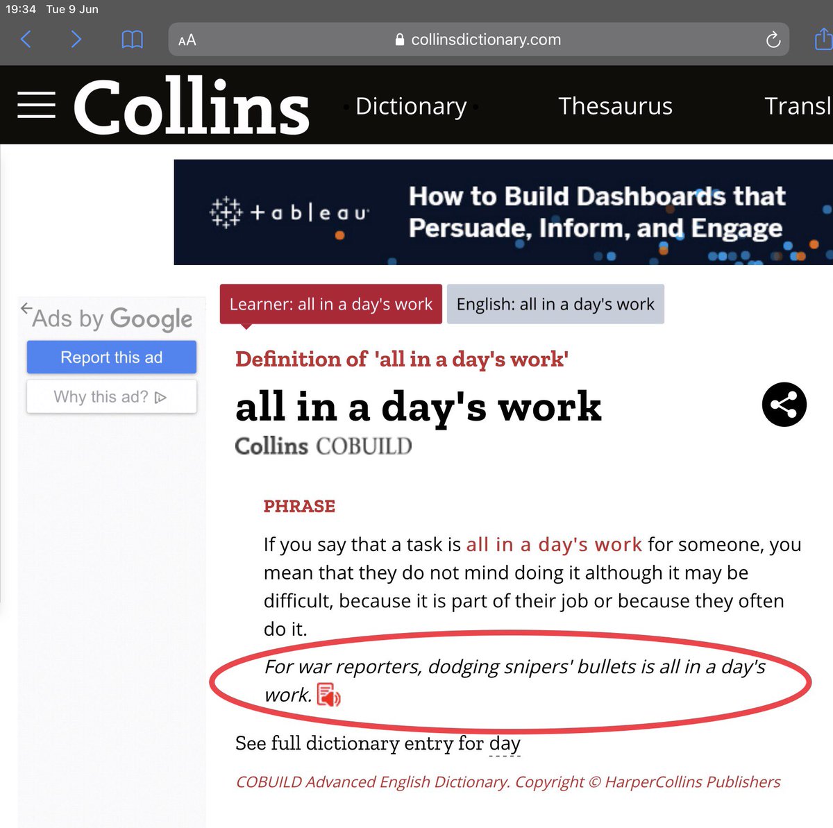 LeeR1978's tweet photo. @pfoa_uk I don’t get the confusion, ‘all in a days work’ is a widely used and accepted phrase. Even the Collins dictionary says; be part of their job or DO IT OFTEN. The example (circled in red) doesn’t say they dodged the bullets all in a single day https://t.co/ikIm4uX6lK