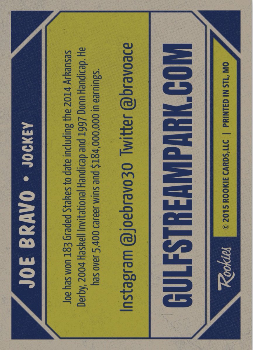 GulfstreamFanGQ's tweet photo. Joe Bravo - Gulfstream Park 2020 Spring-Summer Meet Virtual Jockey Trading Card (front & back). @bravoace #JoeBravo #GulfstreamPark #2020SpringSummerMeet #HorseRacing #Jockeys #VirtualTradingCards https://t.co/nV3VEXKmk7