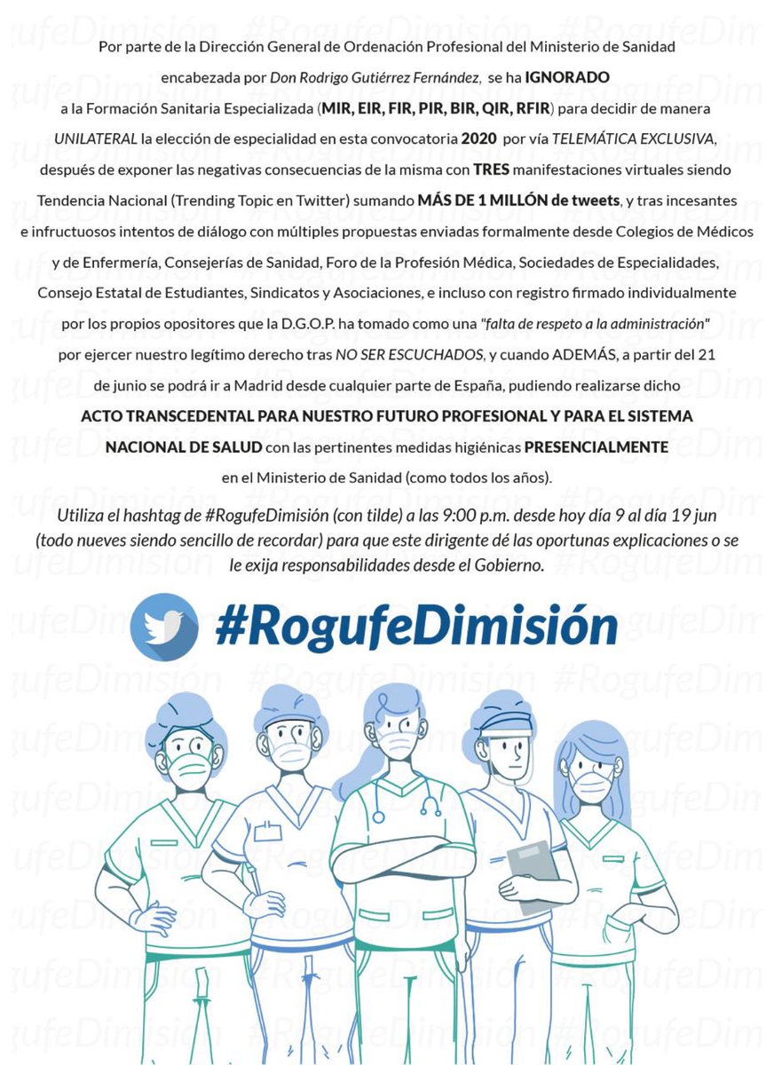 MUDmedicos's tweet photo. La Formación Sanitaria Especializada ha reclamado por activa y por pasiva la búsqueda de una solución para evitar la INJUSTA elección telemática de plaza, con apoyo de TODO el colectivo Sanitario. La respuesta de @sanidadgob ha sido IGNORARLES. Por ello, MUD exige #RogufeDimisión https://t.co/xlJVaWxh6y