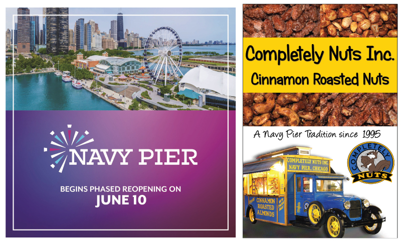 NavyPierNuts's tweet photo. We are thrilled to announce that tomorrow we will be opening once again at @NavyPier. Our workers will be taking the proper precautions and wearing masks when serving you. Our work areas will be constantly sanitized between customers. Free parking all month long! https://t.co/3nkcO9YkbD