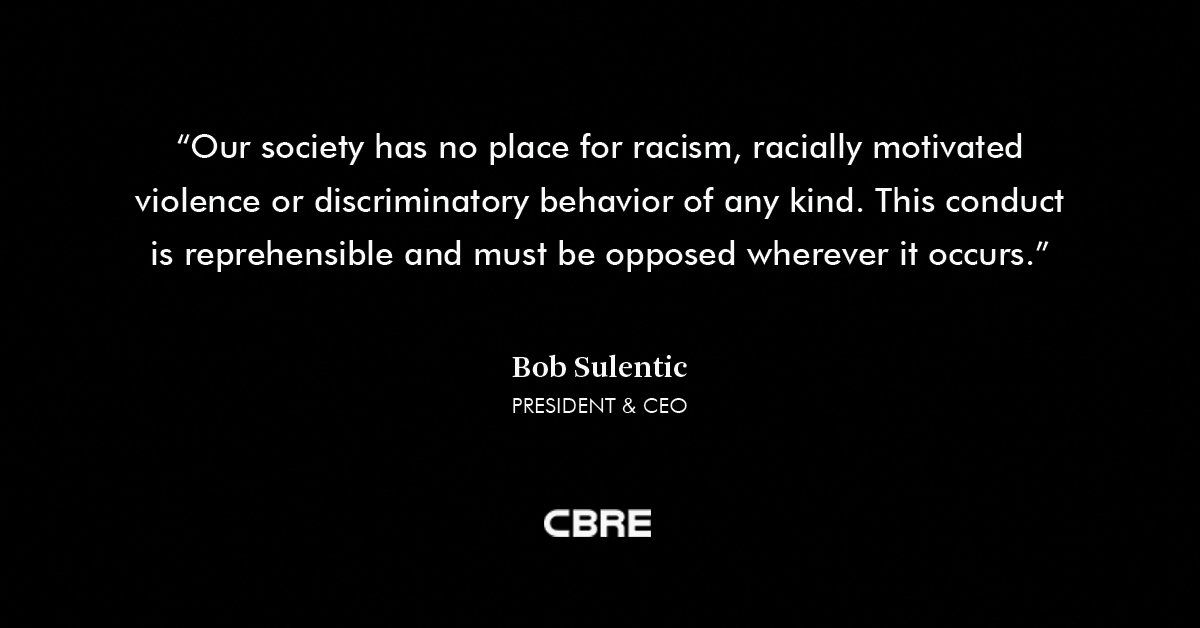 CBRE's tweet image. CBRE Stands Against Racism. Read more: bit.ly/3cKBeNH