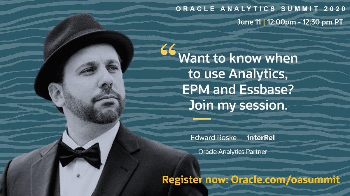 jfhagerty's tweet photo. The #oasummit will be back this Thursday June 11 with @ERoske from @interRel.
Register now: https://t.co/CdPS9Gvtgc
#analytics #essbase #epm #datadriven #augmentedanalytics #ai #datascience #actionableinsights #oracleanalytics #digitaltransformation https://t.co/xEG90oL2VV