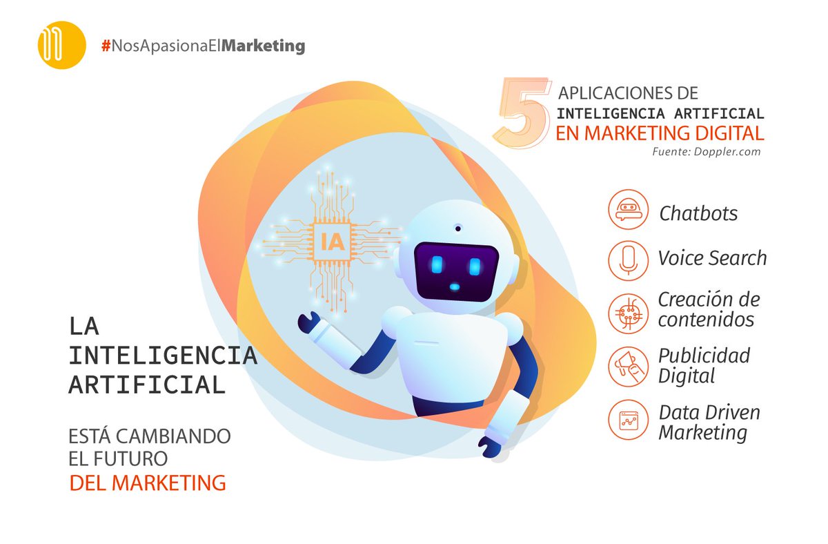 Once_Group's tweet photo. El 50% de los profesionales del #Marketing utilizan alguna forma de #InteligenciaArtificial en su estrategia y estas son las 5 tendencias principales. 
Más información en articulo de @luismontano1 o via @fromDoppler https://t.co/VUWIJLhCQk
#NosApasionaElMarketing 🍊 https://t.co/pv3KX1Zy0o