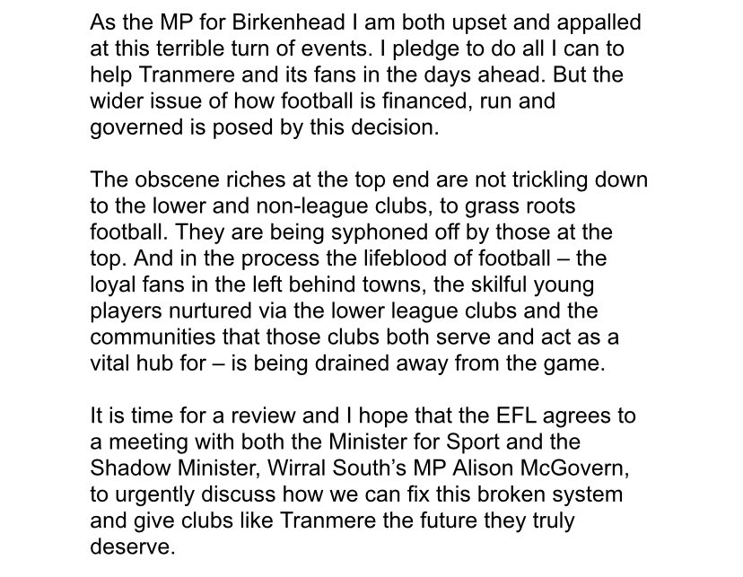 FOOTBALL: Mick Whitley, MP for Birkenhead, has released a statement regarding the relegation of #TRFC #SWA