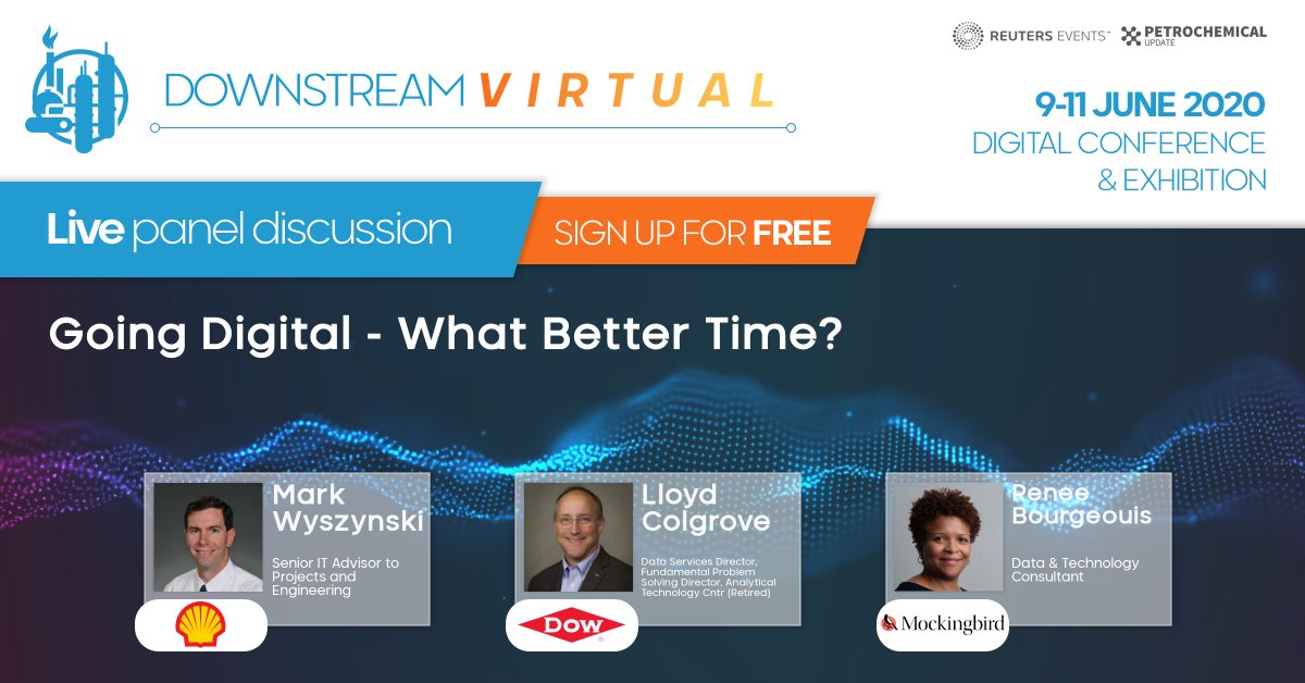 NEXT UP: LIVE PANEL on Digitalization - Come away with a “must-need” shopping list from our tech experts based on lessons they have learned in the innovation space. TUNE IN HERE >>>>> buff.ly/3dB23Fx

#Petrochemicals #DownstreamVirtual <a href="/Shell/">Shell</a>  <a href="/DowNewsroom/">Dow</a> <a href="/mockingbirdmin/">Mockingbird</a>