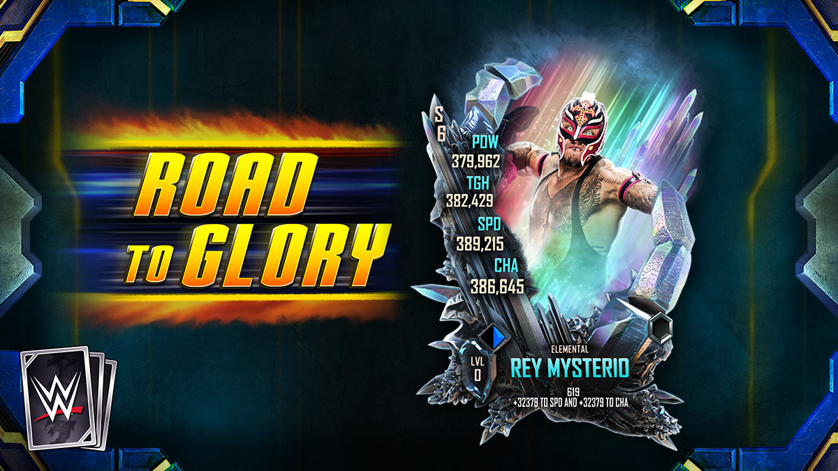 WWESuperCard's tweet image. Rey Mysterio leads this week’s Road to Glory, the first event with Elemental cards.