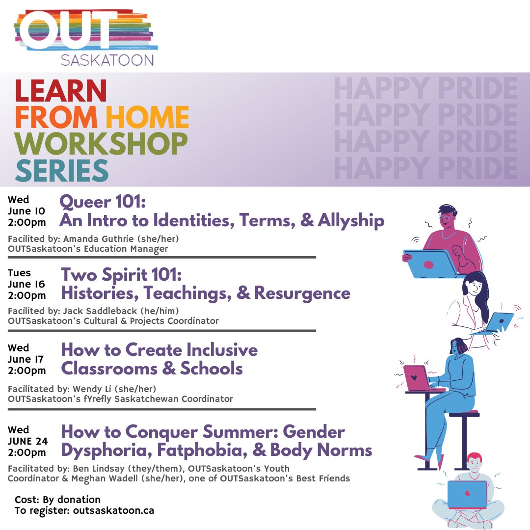CBRCtweets's tweet photo. Our friends from @OUTSaskatoon are launching a series of Learn From Home workshops. They start TOMORROW! To register please visit: https://t.co/3K0cSDYb61 https://t.co/aph9YJBTcN