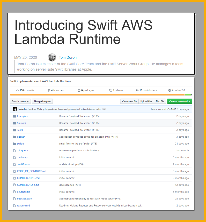 jeffbarr's tweet photo. Introducing Swift #AWS Lambda Runtime:

🍏Blog Post: https://t.co/4SbovMbqyA

🍎Repo: https://t.co/BwHP87aE3n

🔑Getting Started Guide: https://t.co/bymFG5n5GF

PS - Original/deleted tweet said "Switch" instead of "Swift." #needmorecoffee https://t.co/50yYPTgAyA