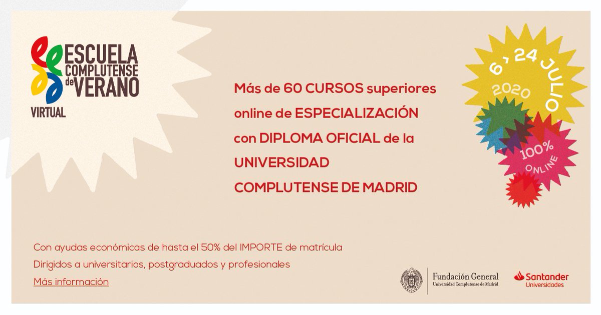 fundacionucm's tweet photo. 🎉 ¿Te gustaría tener un DIPLOMA OFICIAL de ESPECIALIZACIÓN de la @unicomplutense  en tu currículum?
Participa en la Escuela Complutense de Verano Virtual #ECV20
Sigue (1/4) 👇🏽 https://t.co/sDEwoRWzBM