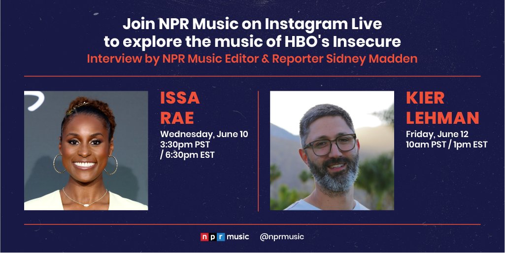Sid_Madden's tweet photo. Lowkey (OK, Highkey!!!) excited to talk with the creative geniuses behind the best music on television, #InsecureHBO 

Tapping in with @IssaRae on Wednesday! @IamKier on Friday! Follow @nprmusic on IG now and see yall there👀: https://t.co/bTYoHy8zyG https://t.co/ly94KzCHUO