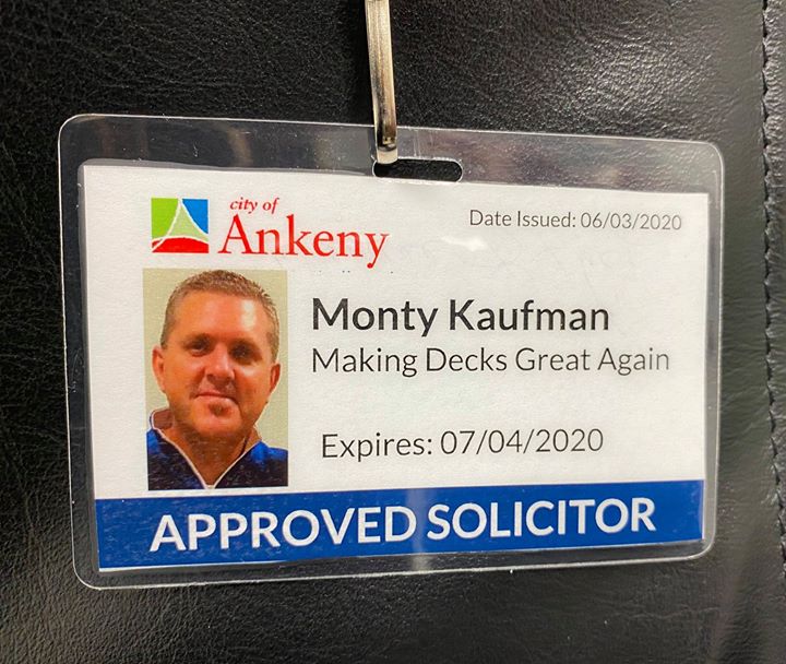 CityOfAnkeny's tweet photo. The City Clerk's office began issuing issuing solicitor permits on June 1 per the Governor’s proclamation. All peddlers, solicitors and transient merchants are required to wear a City of Ankeny badge (like the one pictured here) while knocking on doors. https://t.co/50pGLokyYm https://t.co/ApHCY2aqHi
