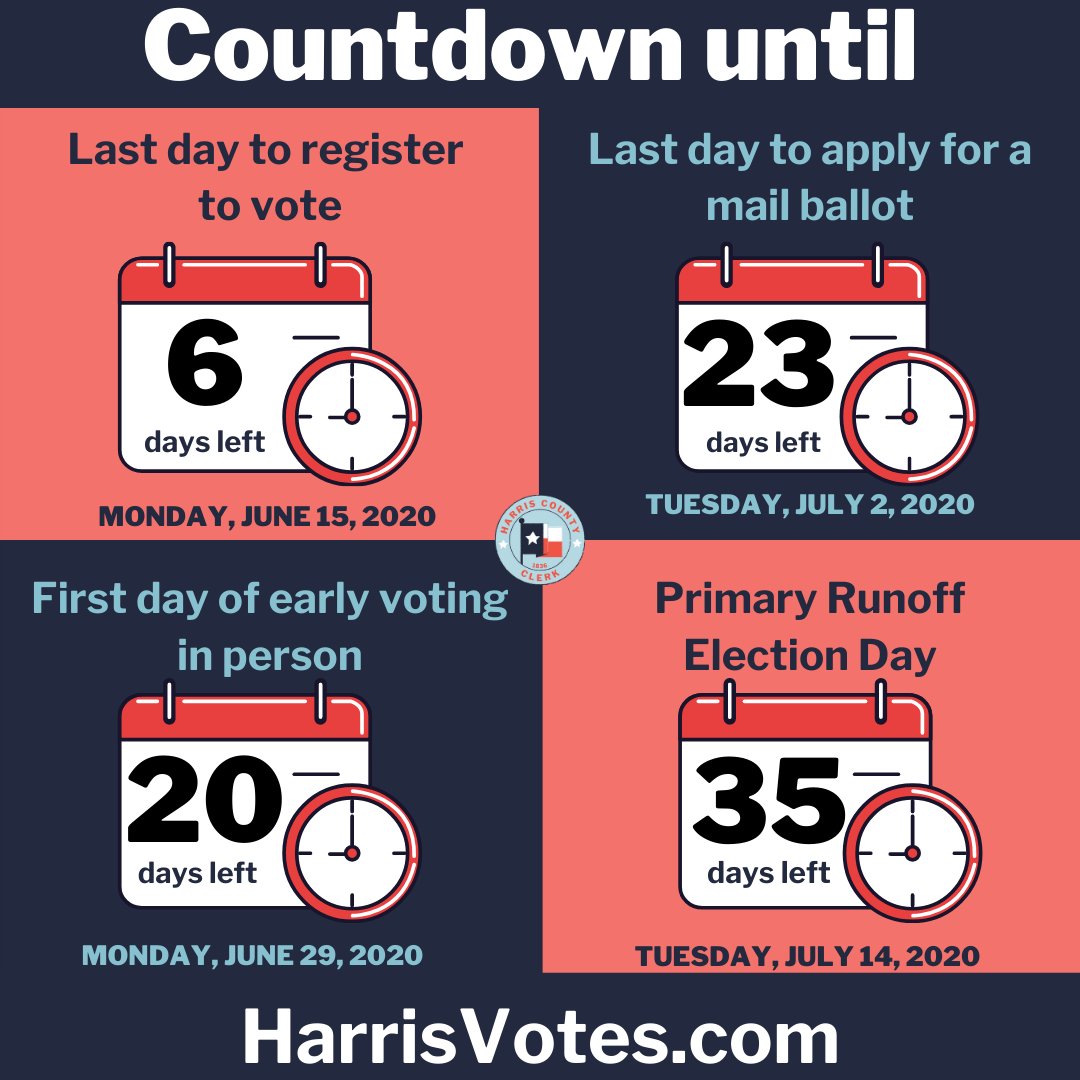 HarrisVotes's tweet photo. π 20 Days until you can head to the polls for #EarlyVoting π³οΈ for the July 2020 #PrimaryRunOffs!
Donβt forget to follow our page for the latest updates this election season. β
#KnowYourDates #HarrisVotes https://t.co/EZef5tpMIj