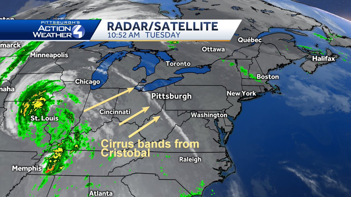 CamTranTV's tweet image. Wanna see something cool? See the bright white band of clouds SW of Pittsburgh? They are cirrus bands from Tropical Depression Cristobal reaching this far north even though the center of circulation is down in Missouri.
#clouds #cirrus #highclouds #cristobal