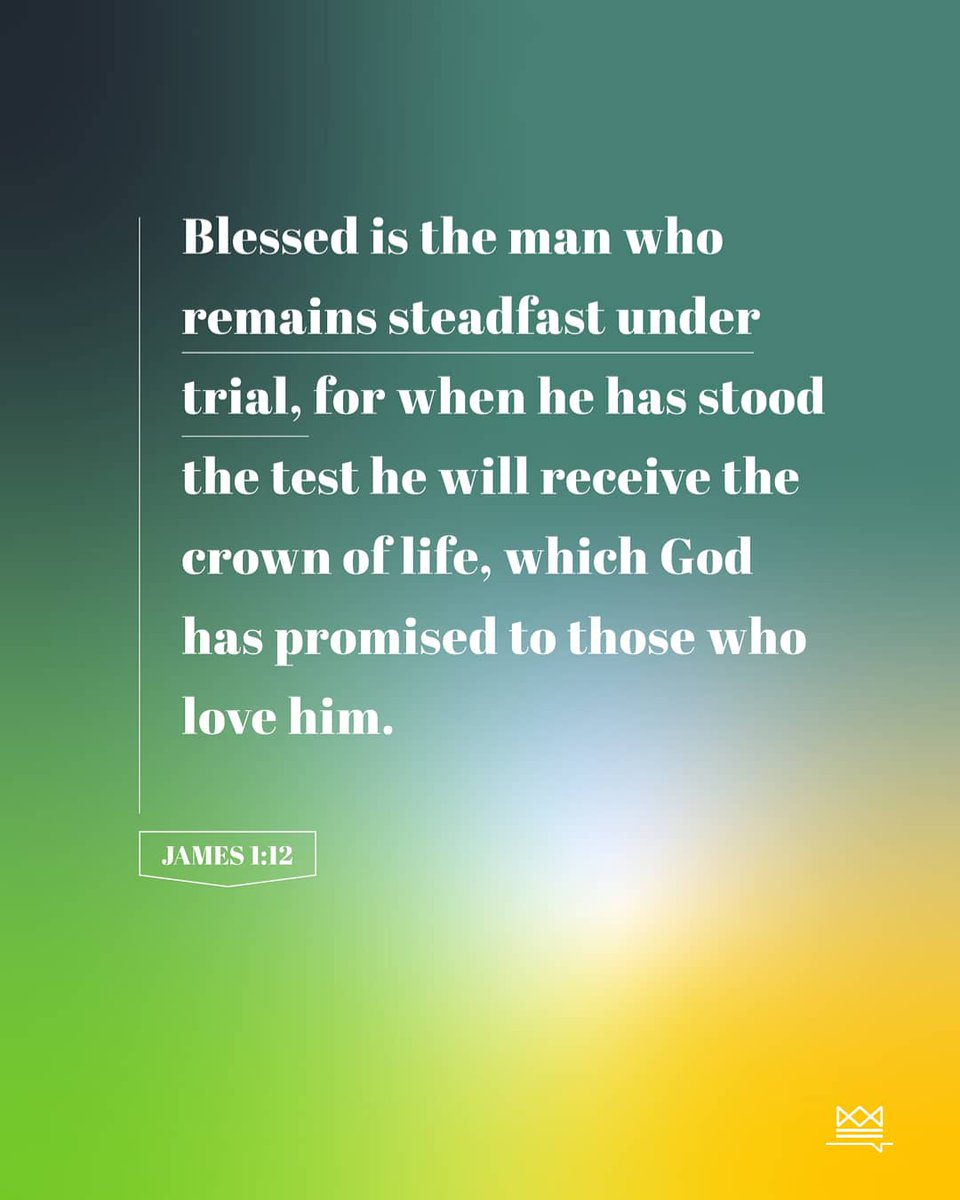 Another really encouraging verse for a tough time. James 1:12 Blessed is the man who remains steadfast under trial, for when he has stood the test he will receive the crown of life, which God has promised to those who love him.