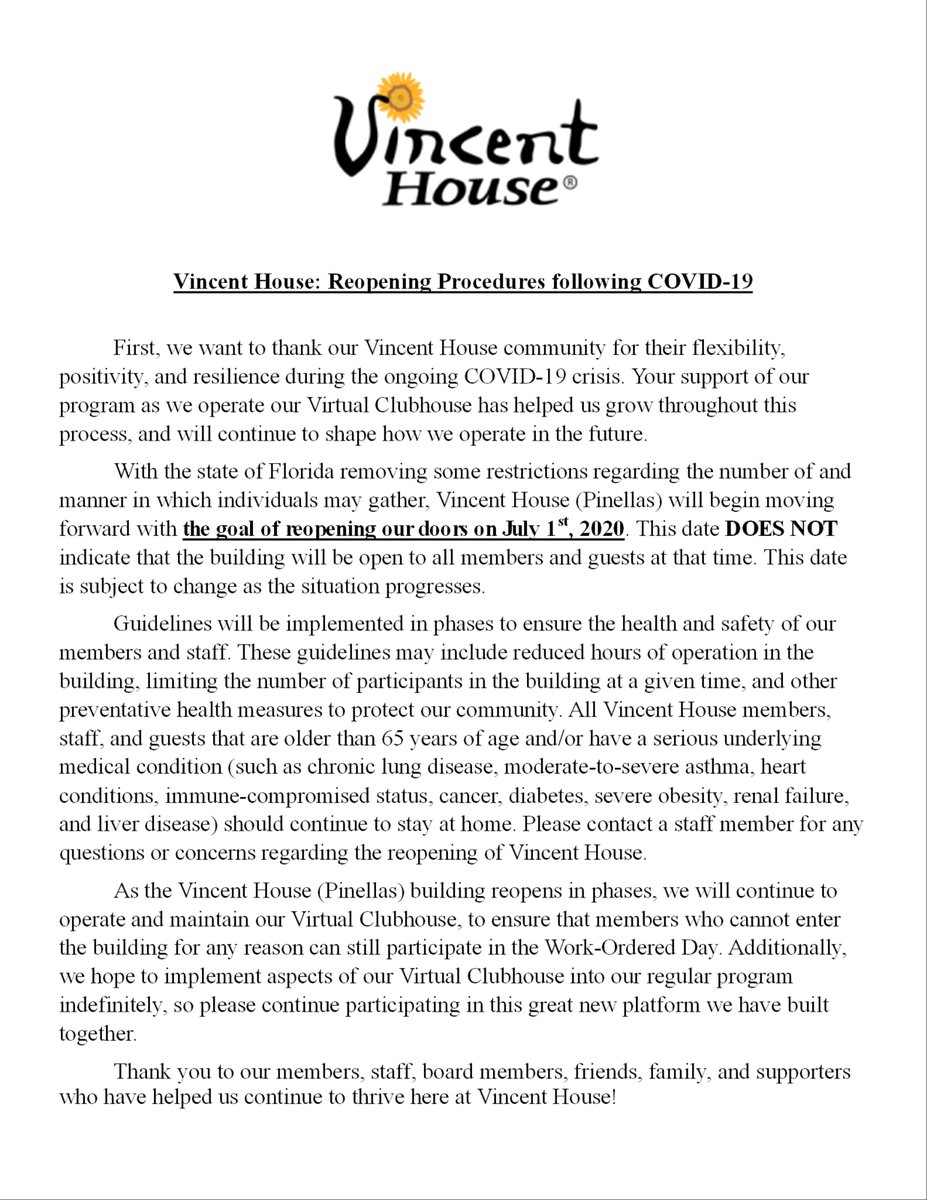 TheVincentHouse's tweet photo. Attention #VincentHouse community: We are happy to announce that we will begin moving forward with plans to reopen Vincent House (Pinellas) to members on July 1st, 2020. Please read the announcement carefully and contact a staff member if you have any questions. Thank you! https://t.co/VNYIdLlBdH