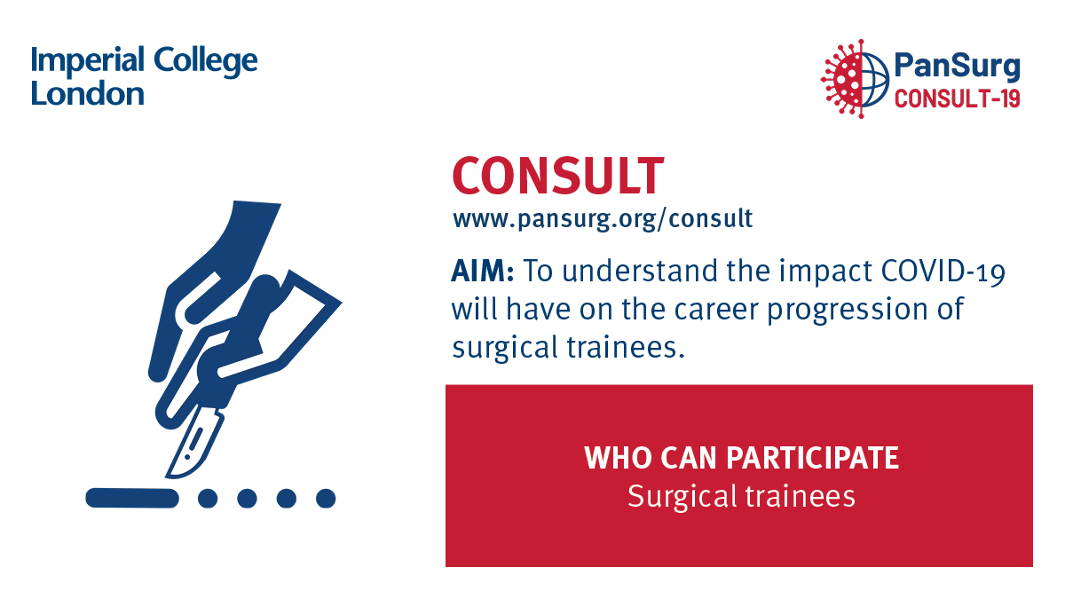 Our CONSULT study investigating the impact of #COVID19 on the career progression of surgical trainees will close THIS Thursday at midnight. 

If you’re a trainee, please share your experiences by completing our survey here: surveymonkey.co.uk/r/consult19