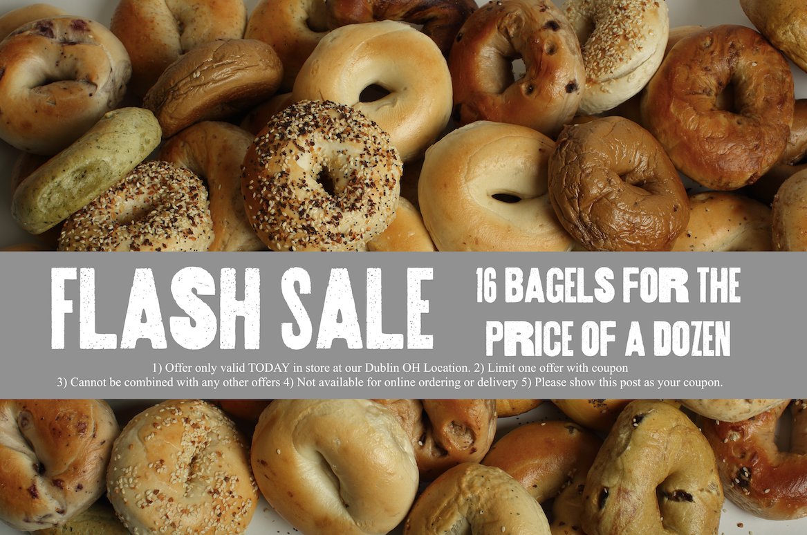 BarrysColumbus's tweet photo. 💥 🚨 💥 🚨 FLASH SALE 🚨 💥 🚨 💥
In store only!  Show this offer from your phone and recieve 16 bagels for the price of a dozen! 
.
.
#flashsale #deal #buylocal #supportlocal #smallbusiness #barrybagels #cbus #dublinohio #betteronabagel #FoodserviceStrong https://t.co/OQykiHD7L1