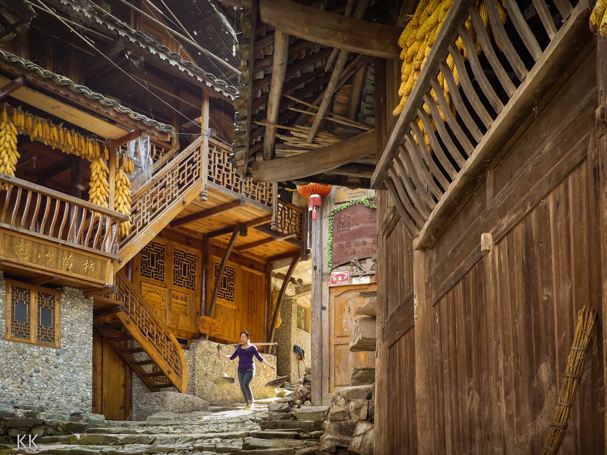 kevin2kelly's tweet photo. No nails or screws.The traditional homes of the Dong people in Guizhou, China are built of wood using only joinery and wooden pegs. No power tools were used. Feed corn is drying on the balconies.  Photo from my book #VanishingAsia #Dong #China https://t.co/L8GWswZAhQ