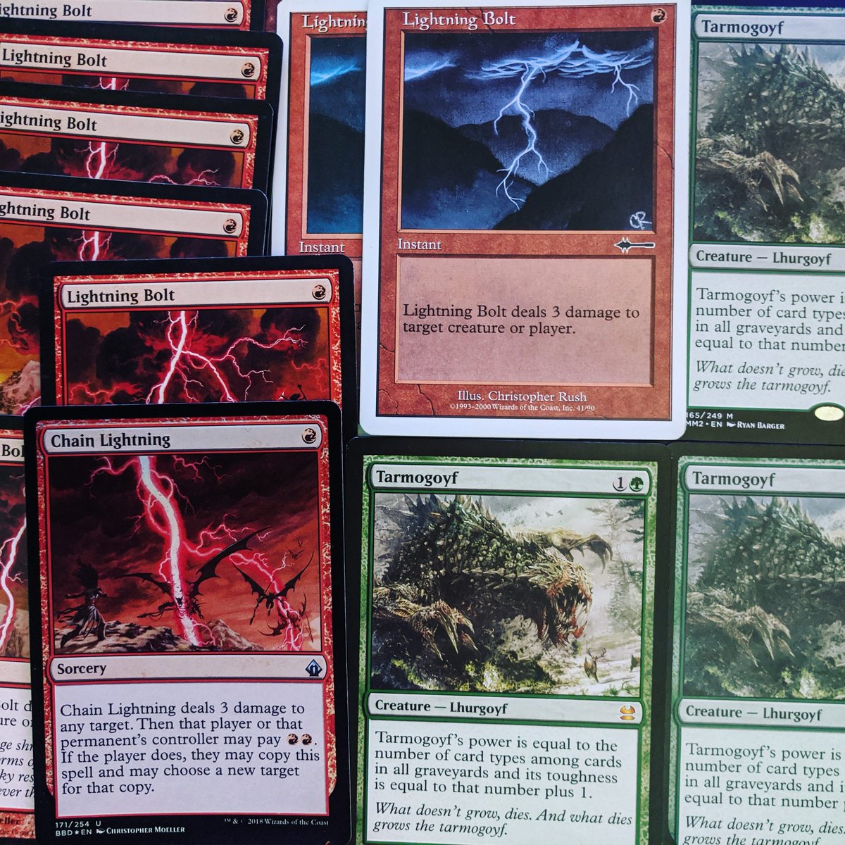 Jewfasa's tweet image. I'm live with some MTGA @  twitch.tv/Jewfasa 
Was running a bit late. I did complete my set of tarmogoyfs tho. Feels good.