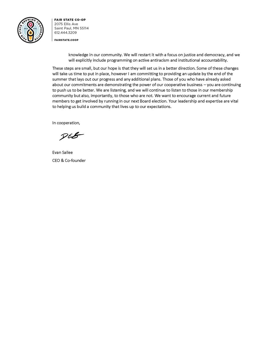 FairStateBeer's tweet photo. We have not done enough to promote equity or live up to our values and we must take concrete steps to improve. Attached is a letter from our CEO and co-founder, Evan Sallee describing the initial steps we are taking towards racial justice within our co-op. https://t.co/EOK9iIo18g