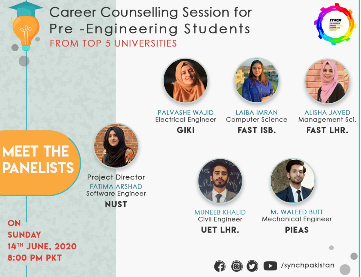 SYNCHPakistan's tweet photo. Confused as to what choice to make regarding your career? We've got you covered.
Join career counselling session by SYNCH’s Engineering Wing. The panel will consist of students from NUST, GIKI, FAST, UET & PIEAS.
For details follow the posters & comments.
@fatimamalik__ https://t.co/72sAxiDSvT