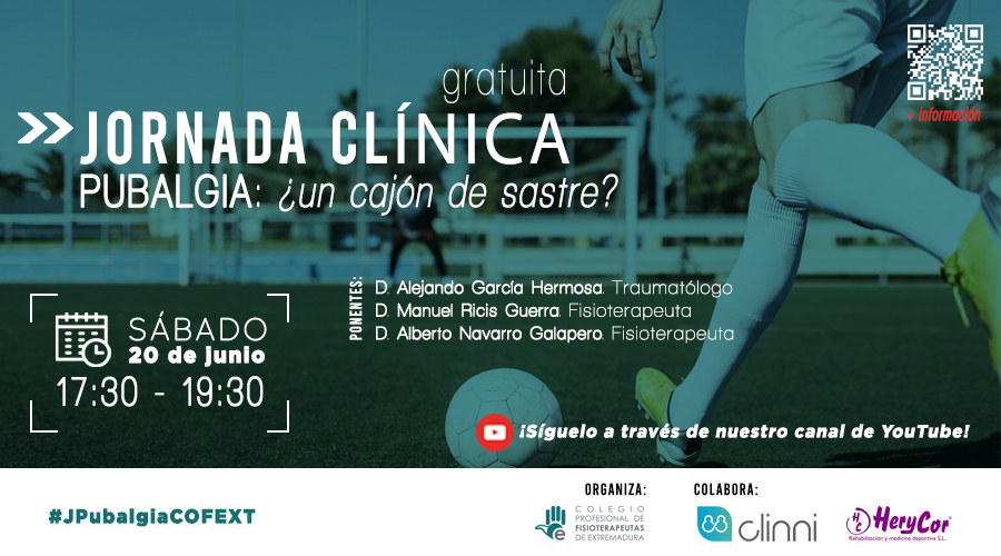 Muy contentos de anunciaros que 📣
El día 20 de junio celebraremos la
▶ JORNADA CLÍNICA pubalgia: ¿un cajón de sastre? ◀

Será gratuita y contaremos con unos prestigiosos ponentes.
¡Te esperamos! 😃
📱+ información aquí bit.ly/2Yb8Cb2
Gracias a <a href="/Herycor/">Herycor</a> y <a href="/ClinniApp/">Clinni</a> ❤