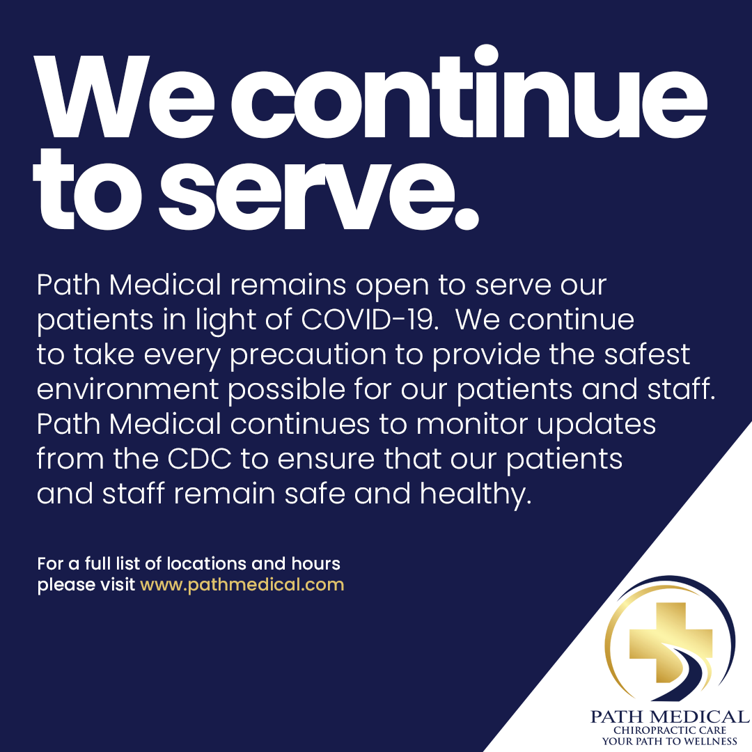 PathMedical's tweet photo. We are taking all precautions necessary to provide a safe environment for our staff and our patients. Please remember to wear a mask when visiting a #PathMedical location. Following all CDC guidelines, we are open and operating under normal business hours. #Wellness #Chiropractor https://t.co/uJ78R1UJGf