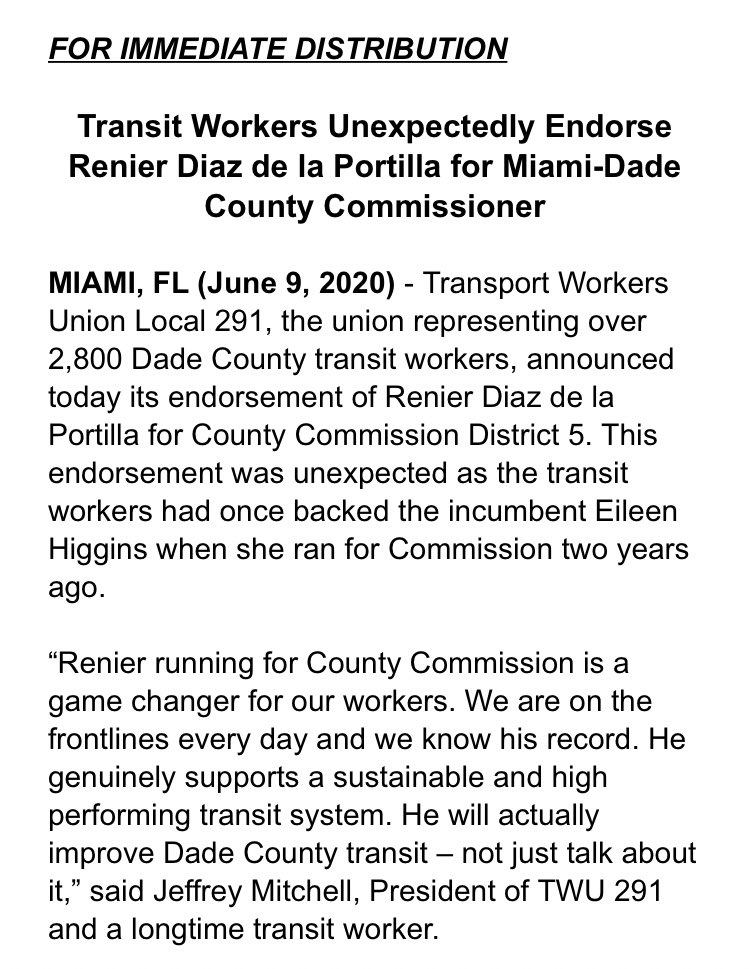 doug_hanks's tweet photo. Miami-Dade transit union drops support for @CommishEileen and backs challenger Renier @DlpMiami. Union endorsed Higgins four years ago. Union prez @jwaynemitch cited Higgins support for privately run monorail to Miami Beach. “If you want to ride a monorail, go to Disney World” https://t.co/1kpqhawerL
