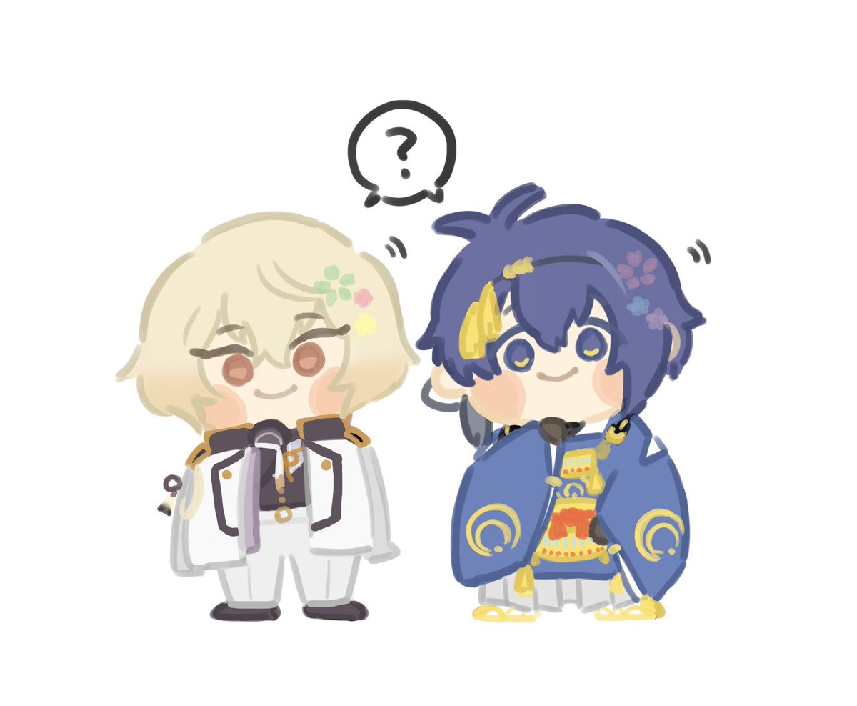 mikazuki munechika 2boys multiple boys ? chibi blonde hair japanese clothes blue hair  illustration images