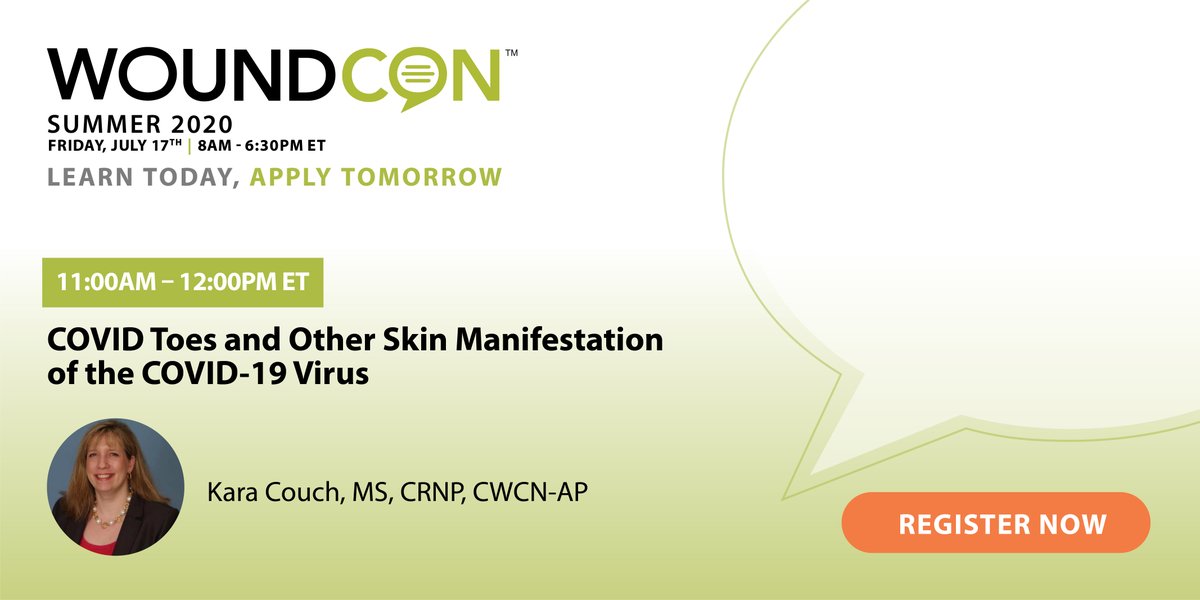 WoundSource's tweet image. Join Kara Couch, MS, CRNP, CWCN-AP at #WoundConSummer2020 July 17th for this informative session, &quot;COVID Toes and Other Skin Manifestation of the COVID-19 Virus&quot; Learn more at: ed.gr/cifd0 #woundcare