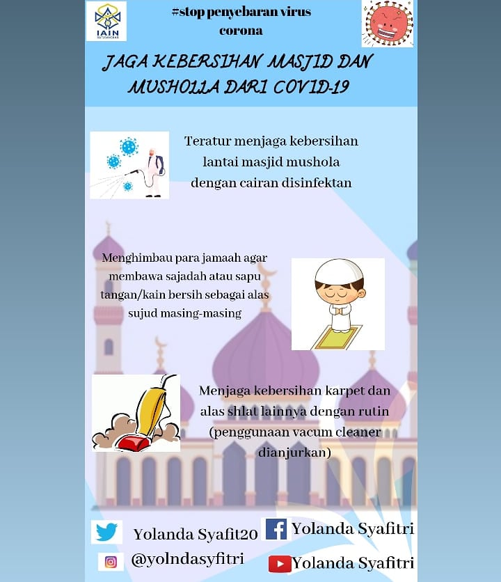 YolandaSyafit20's tweet photo. Dalam rangka pencegahan covid-19, kita dihimbau untuk tetap dirumah. Namun masih ada yang tetap ingin beribadah diluar rumah seperti dimasjid atau dimushala. Oleh karena itu hendaklah kita memperhatikan kebersihan masjid dan mushola agar kita tetap terhindar dari covid-19. https://t.co/qtoFBcLKNd