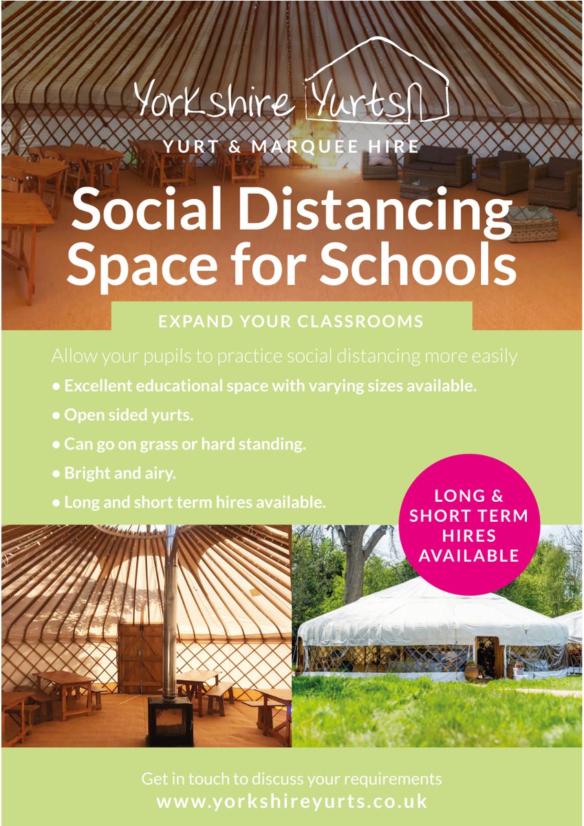 Our yurts and marquees are a perfect solution if your school requires additional space in order comply with social distancing. 
For a classroom or for a safe play space, we have a variety of sizes available for long term hire.

#schoolreopening #SocialDistancing #outdoorlearning