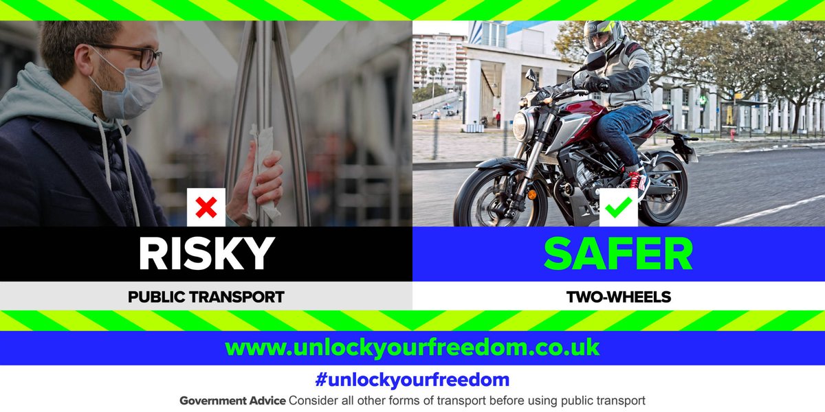 Government Advice:

Consider all other forms of transport, before using public transport.

#UnlockYourFreedom

unlockyourfreedom.co.uk

#Commuting #PTW #Motorcycle #Scooter #Moped