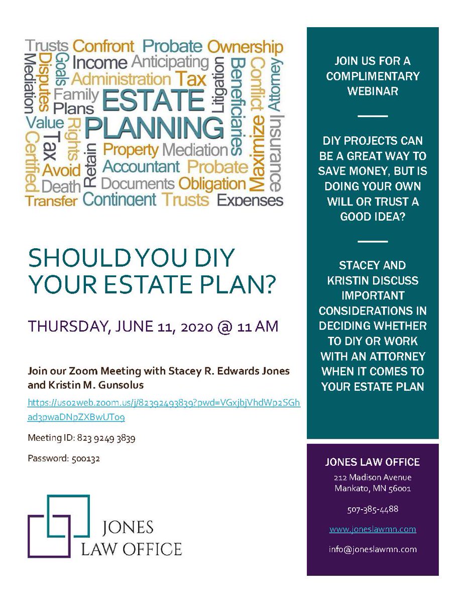 JonesLawMN's tweet photo. Should you DIY your estate plan?  Join Stacey and Kristin on Thursday at 11 am on Zoom to learn more. https://t.co/EdlCJrEt2m