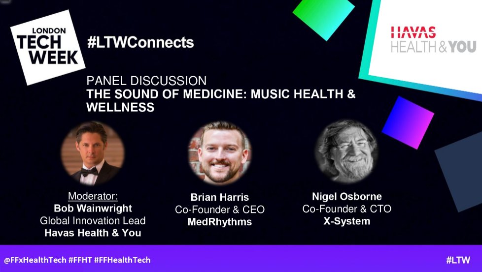 Val_B_G's tweet photo. Another fascinating &amp; inspiring session at #LTWConnects by Ben Wainwright of @HavasHealthYou, Brian Harris of @MedRhythms &amp; Nigel Osborne of @XSystemLtd on the revolution of health and wellness through #AI and the healing effects of music
CC @FFxHealthTech #FFHT #FFHealthTech https://t.co/Bm1Or75d94