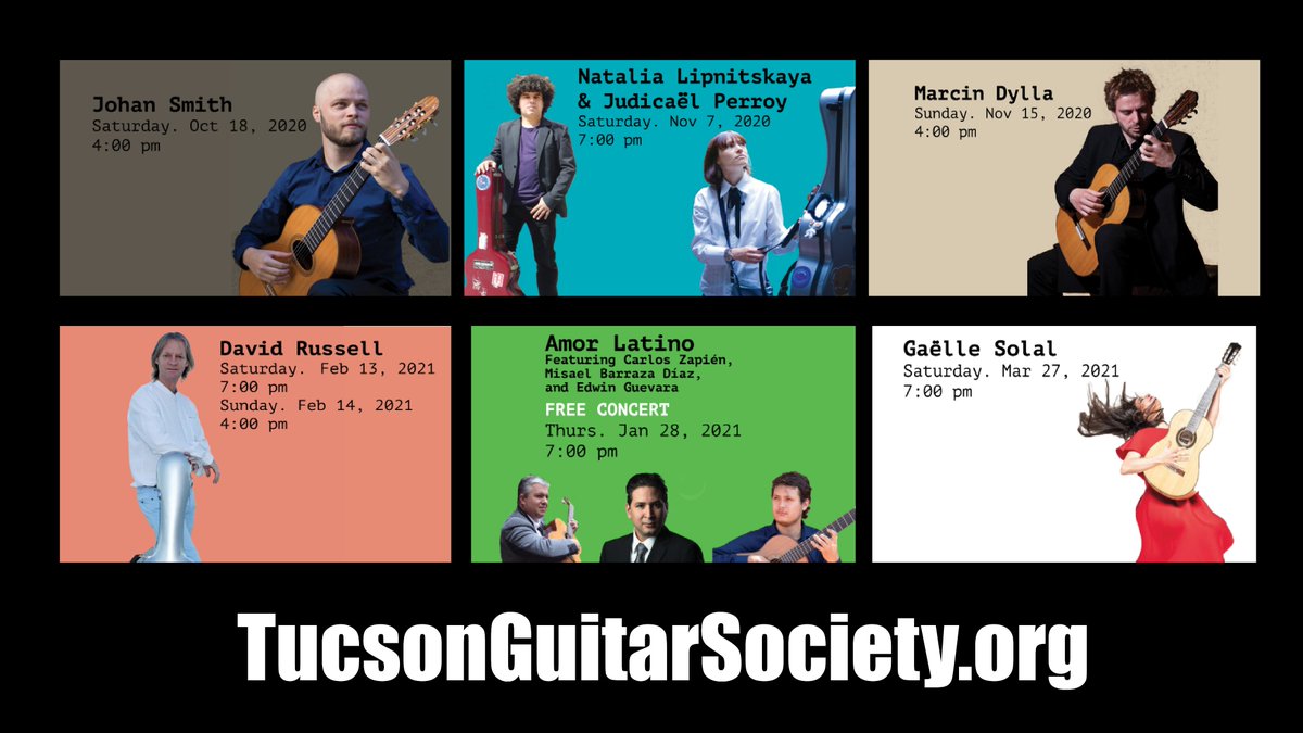 TucsonGuitarSociety (@tucson_guitar) on Twitter photo TGS is thrilled to announce its 2020-2021 season. Subscription packages and single tickets are now available for purchase at TucsonGuitarSociety.org. Our lineup will feature: Johan Smith, Judicaël Perroy & Natalia Lipnitskaya, <a href="/MarcinDylla/">Marcin Dylla</a>, <a href="/DavidRussellgtr/">David Russell</a>, and @GaelleSolal. TGS is thrilled to announce its 2020-2021 season. Subscription packages and single tickets are now available for purchase at TucsonGuitarSociety.org. Our lineup will feature: Johan Smith, Judicaël Perroy & Natalia Lipnitskaya, <a href="/MarcinDylla/">Marcin Dylla</a>, <a href="/DavidRussellgtr/">David Russell</a>, and @GaelleSolal.