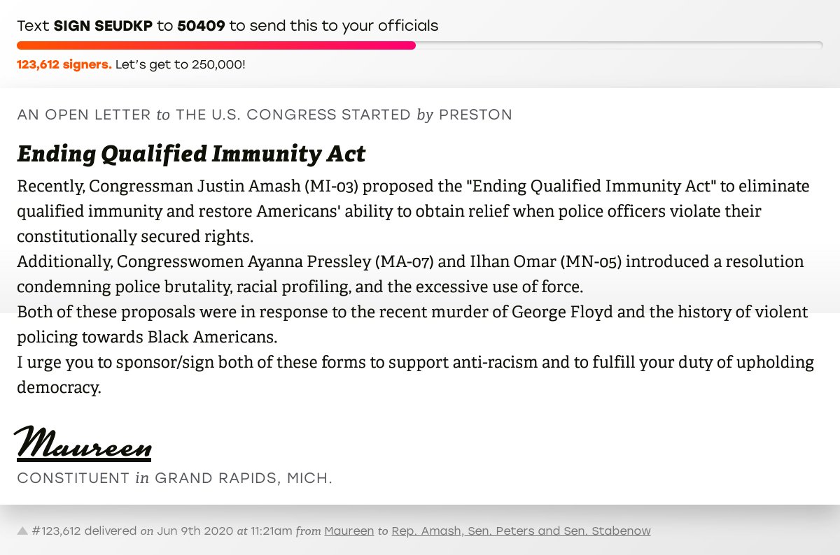 openletterbot's tweet photo. 🖋 Sign “Ending Qualified Immunity Act” and I’ll deliver a copy to your officials: https://t.co/YDmq2bPJPc

📨 No. 123,612 is from Maureen to @justinamash, @SenGaryPeters and @SenStabenow #MI03 #MIpol #GeorgeFloyd https://t.co/WyZiTHmbYu