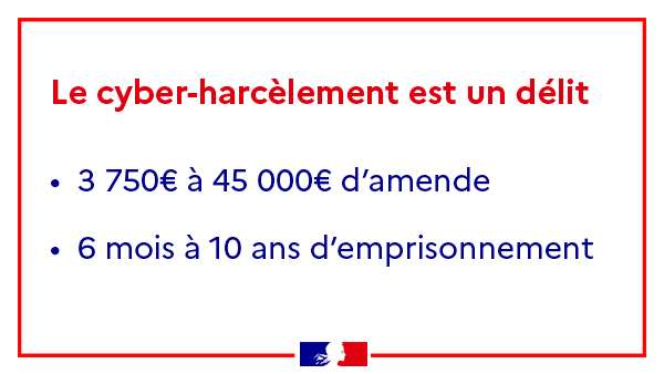 Enfance_gouv's tweet photo. 💻 Le cyber-harcèlement est avant tout du harcèlement : c’est un délit pouvant aller jusqu’à 10 ans d’emprisonnement. 

Pour en savoir ➕ : https://t.co/tAhIkFen8F https://t.co/wdmbr7MokI