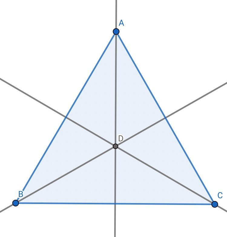 So that's that set up, so we can start looking at the transformations that let us move the triangle around while maintaining its shape, and position in the plane. The new point D is right in the centre of the triangle, it is equidistant from all vertices and edges.